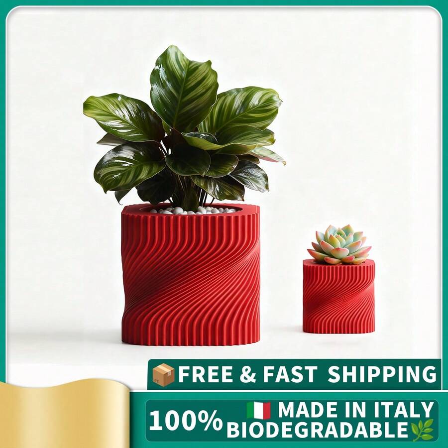 ORIZZONTE Modern Decorative Vase With Intertwined Spiral Structure – Dynamic Minimal Design For Plants, Cactus, Bonsai – Home/Office Gift Idea – Available In 2 Sizes – 100% Made In Italy, Shipping From Italy - 紅色 - 查看 1