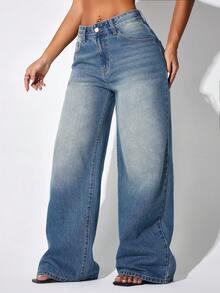 Quần jeans nữ ống rộng cạp thấp, màu xanh dương, có túi hai bên, kiểu dáng suông, thích hợp cho mùa thu và mùa xuân. - Xanh đậm - Xem 3