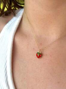 1 件清新甜美 Y2k 草莓吊坠项链串珠颈链仿珍珠锁骨链 - 紅色 - 查看 6