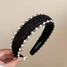 法式复古针织宽檐珍珠发箍，优雅高冠压力发箍，奢华发饰 - 黑色+白色+卡色 - 查看 3
