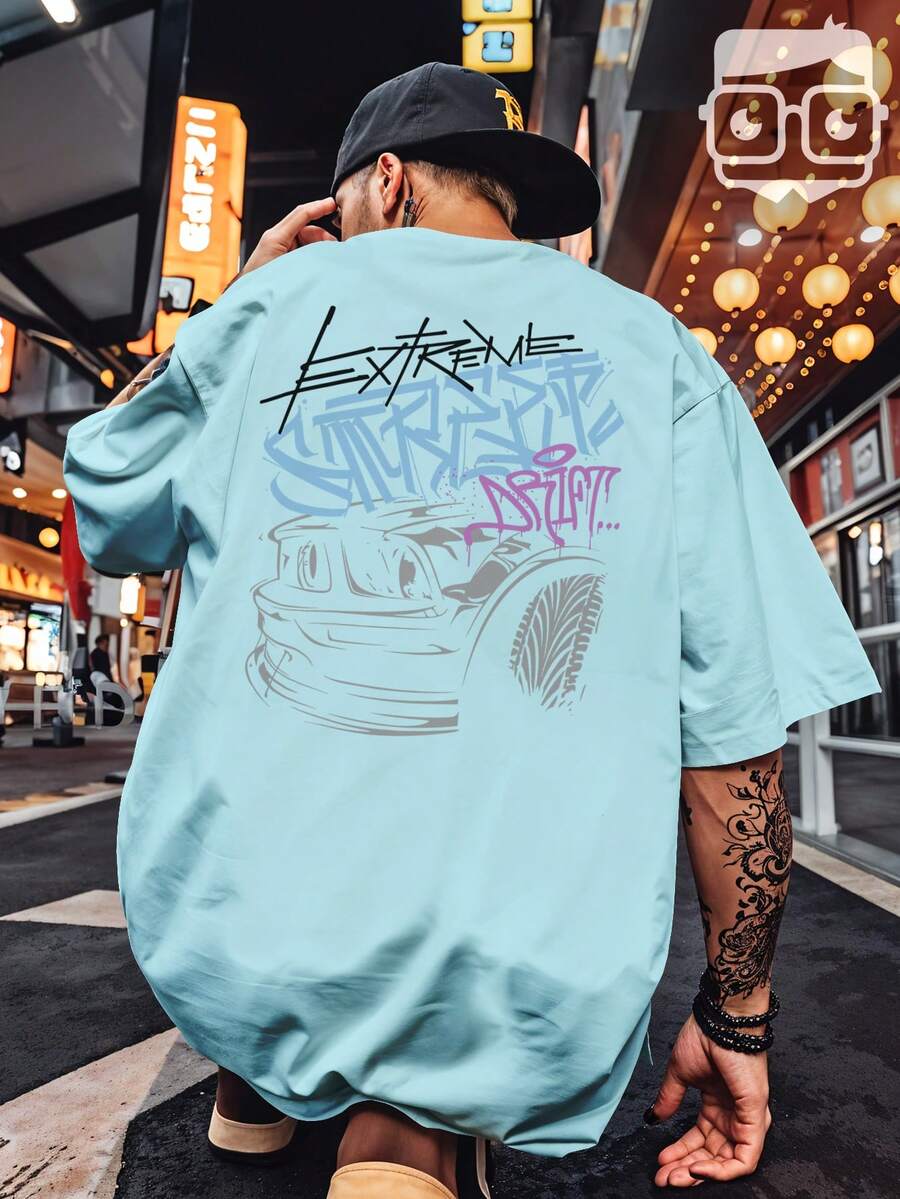 Oversized Streetwear T-Shirt Graffiti Sports Car 3259 VEST NERD - 淺藍色 - 查看 1