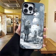 Cubierta de telefono con diseño de invierno azul claro con hombre y niño jugando con muñeco de nieve para iPhone 14 Pro Max funda protectora estilo vintage ideal para uso diario en cafeterias y salas de estar - Negro - Ver 4