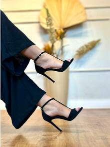 ANGELA GALVAO Sandal Shoe With Central Strap And Buckle, 11cm Heel, Summer - Da Nubuck đen, Đế màu be - Xem 3