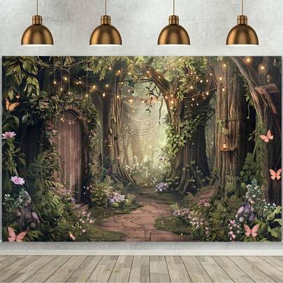 1件春夏背景幕布，魔法花园童话世界草原蝴蝶仙境背景幕布，适用于迎婴派对、生日派对、摄影棚装饰、派对装饰、洗礼派对、家居派对装饰、拍照道具
