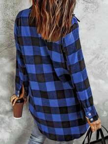 时尚大码常规长度格子衬衫领长袖前襟纽扣上衣 - 藍色 - 查看 2