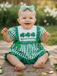 Mi primer atuendo para el Día de San Patricio para bebé niña, vestido de pelele a cuadros con bordado de trébol, manga corta abullonada, lazo, falda de lino con volantes, mono de lino de algodón, vestidos de princesa, ropa irlandesa para recién nacida con diadema. - Verde - Ver 3
