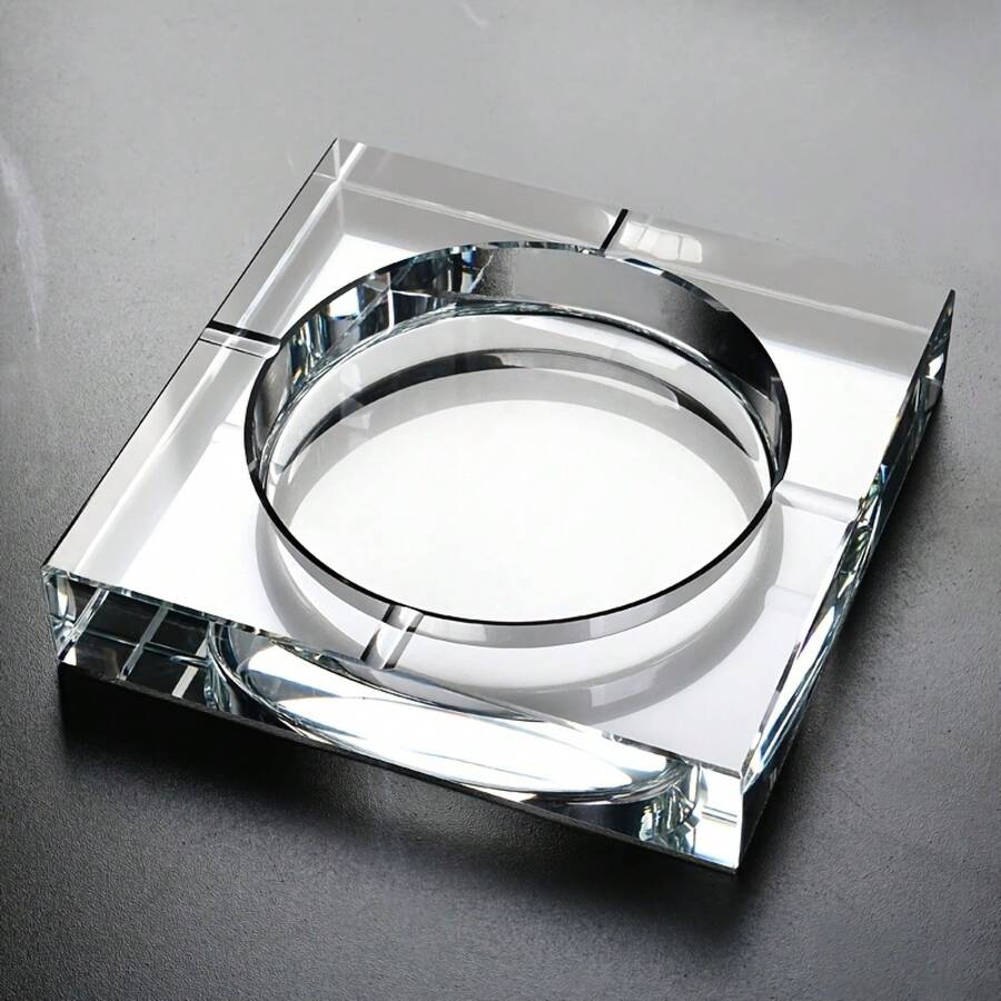 Glass Ashtray For Cigars & Cigarettes, Stylish Round & Square Tabletop Design, Home & Office Use - 方形水晶煙灰缸 - 查看 1