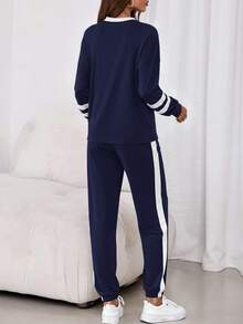Women Fall 2 Piece Lounge Outfit Long Sleeve Tops High Waisted Jogger Pants Set Spring Travel Clothes Tracksuit New Years Valentine Vacation Outfit For Women - 藏青 - 查看 2