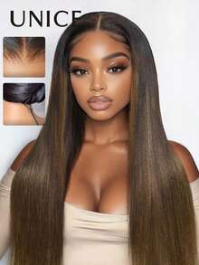 Tóc giả Bye Bye Knots 7x5 Lace Front không cần keo dán, đã cắt sẵn, tẩy trắng sẵn, tỉa gọn, chân tóc đen chuyển dần sang nâu hạt dẻ ombre Light Yaki thẳng, có dây rút vô hình, dễ đội, phù hợp với mọi kích cỡ đầu, ren trong suốt, 100% tóc người, có thể nhuộm. Tóc Unice - SNATURAL/33 - Xem 2