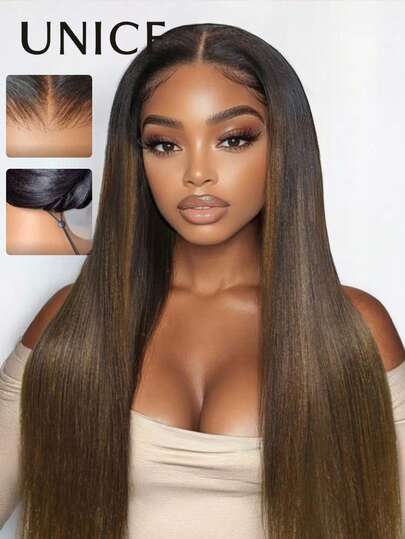  Wigs Bye Bye Knots 7x5 Lace Front Glueless Wear Go Pre Cut Pre Bleached Pre Plucked Black Roots To Chestnut Brown Ombre Yaki Straight Wig With Invisi Drawstring Easy To Wear Fit All Head Sizes Transparent Lace 100% Human Hair Can Be Dyed Unice Hair