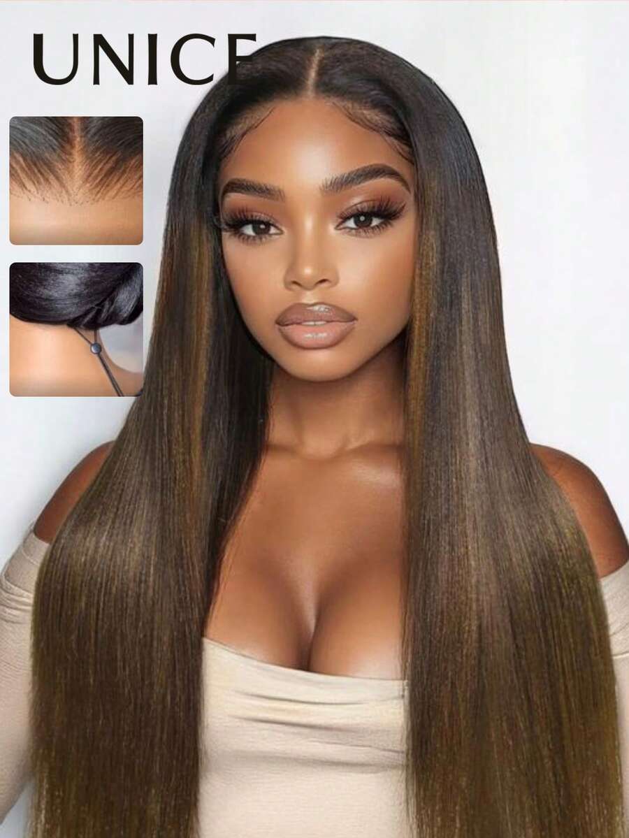 Tóc giả Bye Bye Knots 7x5 Lace Front không cần keo dán, đã cắt sẵn, tẩy trắng sẵn, tỉa gọn, chân tóc đen chuyển dần sang nâu hạt dẻ ombre Light Yaki thẳng, có dây rút vô hình, dễ đội, phù hợp với mọi kích cỡ đầu, ren trong suốt, 100% tóc người, có thể nhuộm. Tóc Unice