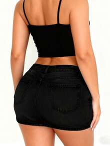 American Street Style Summer Retro Mid-Waist Simple Sexy Ladies Denim Mini Skirt - Black - View 2