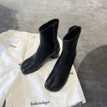 Genuine Leather Split-Toe Chunky Heel Mid-Calf Chelsea Boots For Women. - 黑色(單裡) - 查看 1