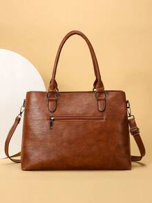 1pc Women's Solid Color Retro Handbag, Large Capacity Tote Bag With Multiple Zipper Pockets, Waterproof PU Dual Top Handle Portable Outdoor Casual Business Versatile Shoulder Bag, Stitched Anti-Theft Crossbody Bag - Brown - View 6