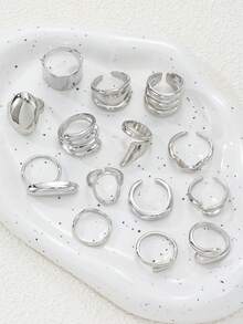 14件套复古时尚优雅高品质几何不对称纹理液态心形水滴交叉多层简约波浪金属粗戒套装，百搭日常、派对、女士礼物 - 銀色 - 查看 4