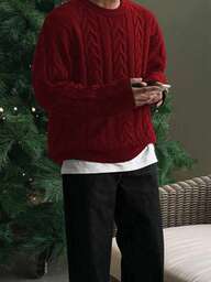 1 st herrjultröja, lätt och varm akrylstickad, grönt trendigt kabelstickat mönster, mångsidig för hemmet, resor, skolan, present till män