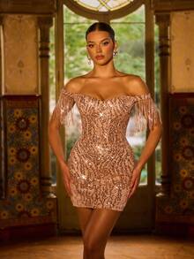 Faeriesty Đầm dạ hội nữ ôm sát, trễ vai, có tua rua, thích hợp cho đám cưới, dạ tiệc, sự kiện công ty, dạ hội từ thiện và lễ trao giải, thanh lịch mùa xuân. - Rượu sâm banh - Xem 4