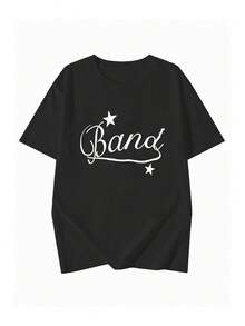 圆领短袖T恤，夏季新款字母印花，时尚休闲宽松女式上衣 - 黑色 - 查看 3