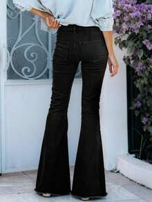 Women's Vintage Stretchy Flared Jeans,Ladies Casual Button,Pocket,Raw Hem,Ripped,Zipper High Waist Flare Leg Extra Long Black Curvy Regular Fit Women Jeans,Spring/Fall,Casual Daily Wear - Black - View 2