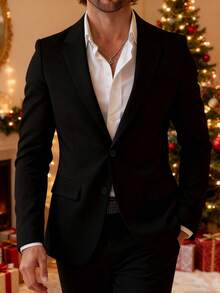 I FineLong 2pcs Men's Formal Plaid Suit, Jacket With Pockets, Unwrapped - Black - View 1