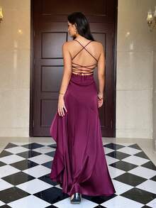 Vestido elegante de satén con cuello redondo, mangas acampanadas, cintura anudada y tubo recto para mujer, adecuado para citas, ir al trabajo y viajar - Burdeos - Ver 2