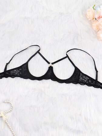 Women's Black Sexy Steel-Supported Push-Up Bustier With Fashion Metal Ring, Lace Floral Trim & Open Front Design For Going Out