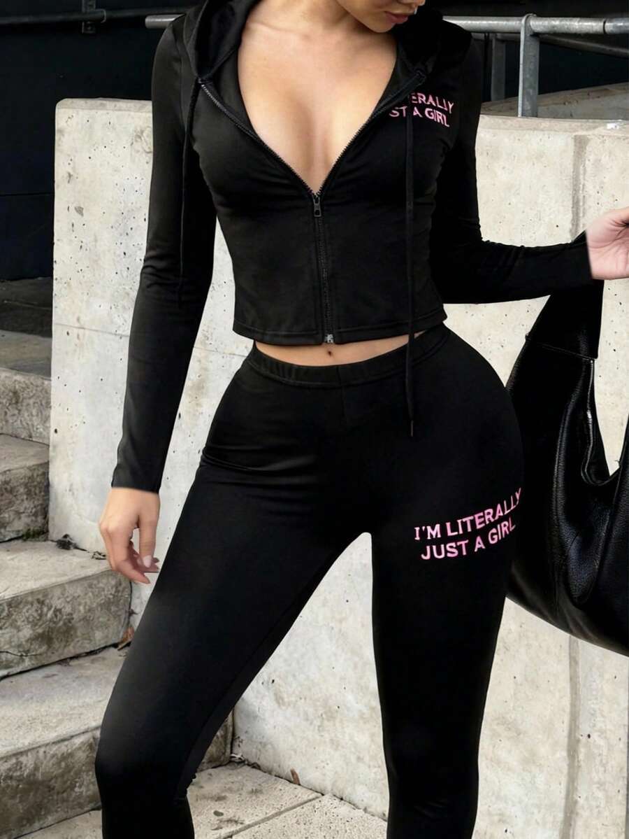 FQLWL Fall Street Fashion Two Pieces Women Sets Letter Print Cardigan Hoodies Leggings Sweatsuit Set Gym Lounge Sets For Women - Black - View 1