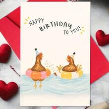 1pc Funny Swimming Chickens Birthday Card Greeting Card With Envelope Playful Farm Animal Design With Party Hats In Water Scene, Perfect For Sending Joyful Birthday Wishes, Great For Friends, Family Members, Coworkers - Multicolor - View 12
