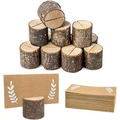 24Pcs Rustic Wood Place Card Holders And 30Pcs Kraft Table Name Place Cards, Wood Table Number Holders, Wooden Photo Holders, Name Card Photo Picture Clips Fall Tabel Decor Thanksgiving Dinner Party.