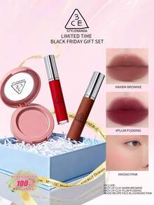 3CE Set de Rubor y Lápiz Labial (Incluye Caja de Regalo). Contiene: Lápiz Labial Mate Marrón Cálido, Lápiz Labial Mate Ciruela, Rubor Mono Rosa. El Regalo Perfecto para Amigos y Familiares, Caja de Regalo de Navidad, Caja de Regalo de Año Nuevo, K-Beauty. - Azul - Ver 2