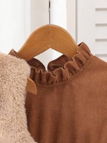 Young Girls Autumn 2pcs Set Solid Color Fur Bow Sleeveless Vest + Corduroy Casual Dress - Brown - View 3