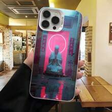 Cubierta de teléfono con diseño de Buda en neón rosa y azul para iPhone 14 Pro Max funda protectora con estética cyberpunk ideal para uso diario en cafeterías y salidas urbanas - Negro - Ver 3