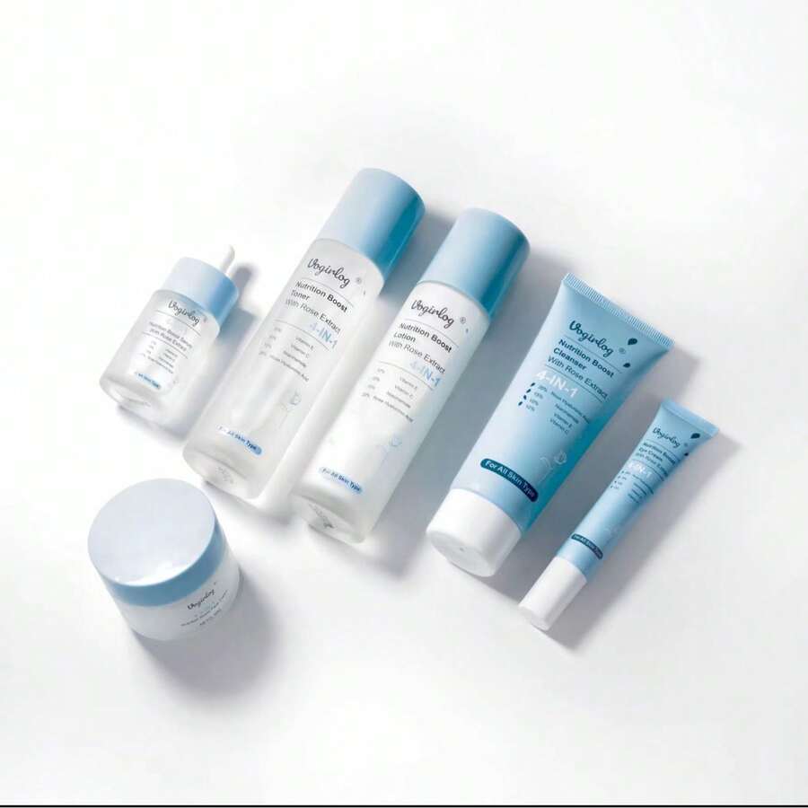 Kit de 6 piezas Skincare basico de cuidado de la piel para todo tipo de piel,con Ácido hiarulonico,Extracto de rosa,vitamina E y C,Niacinamida-c,incluye limpiador,tonico,lotion,suero ,crema de ojo,y crema de rostro,para cuidar su piel,CREMA DE KIT DE 6PIEZAS ,BOTELLA AZULES - Azul - Ver 1