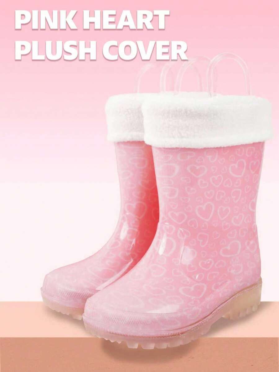 Pink Children's Printed Snow Boots With Warm Lining, Waterproof And Warm, Girls' Rain Boots, Suitable For Outdoor Activities In Winter