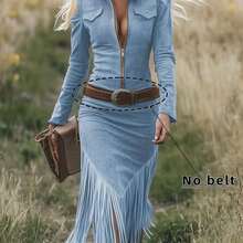 Vintage Western Deer Lapel Zipper Dress - Niannian - Màu xanh da trời - Xem 1