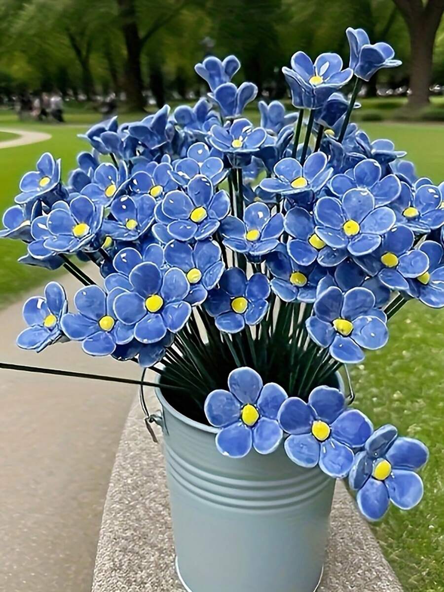 1/4支手工捏制陶瓷勿忘我花，手工陶瓷花，“蓝色之爱”匠心打造，不易褪色，永不凋谢，适合情人节和婚礼场地室内外装饰——情人节完美礼物之选，室内装饰，艺术家居装饰，可爱人造花