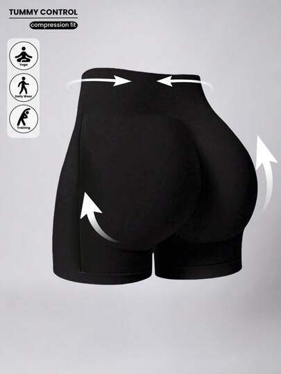 1pc Women's Seamless High Waist Solid Color Knit Sports Shorts, Yoga Training Cycling Shorts, Comfortable Skin-Friendly Fashion Activewear Black