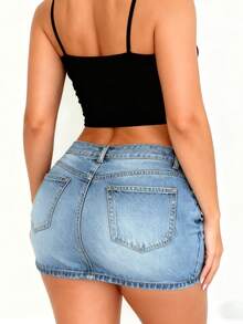 美式街头风格中腰休闲性感复古牛仔迷你裙，夏季女士 - 中等水洗藍 - 查看 2