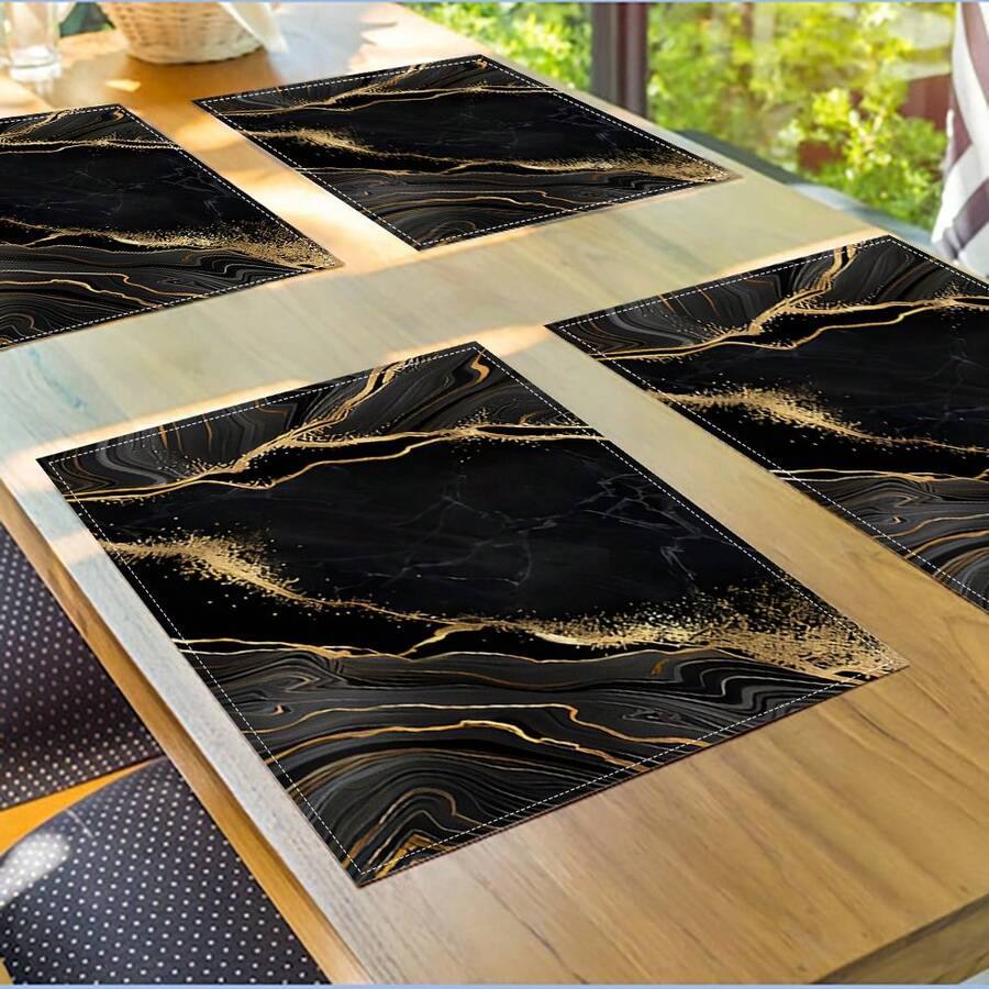 2/4/6 pezzi Sottopiatti di lusso in marmo nero e oro, 31,75 x 41,91 cm, lavabili, rettangolari, adatti per cucina, sala da pranzo, decorazioni per feste e banconi - nero - Visualizzare 1