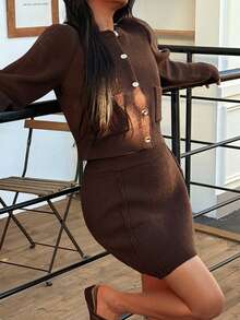 DEEKA Autumn/Winter New Women's Gold Button Crew Neck Fitted Long Sleeve Knit Cardigan & High Waist Elastic Mini Skirt Set - Brown - View 6