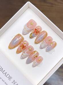Móng tay giả hình quả hạnh nhân làm thủ công; Thiết kế chạm khắc hoa nhiệt đới 3D ba chiều cá nhân hóa mùa thu và mùa đông; Nhấn vào móng tay - Nhiều màu - Xem 5