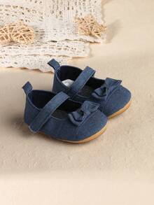 1 Pair Girls' New Bow Hook And Loop Canvas Casual Flat Shoes, Solid Color Baby Shoes Suitable For Spring & Autumn - Blue - View 4