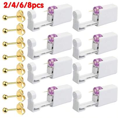 2/4/6/8件套耳洞穿刺套装，一次性耳洞穿刺枪，内置3毫米金球耳钉，家用自助穿耳工具