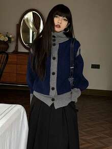 Áo khoác cardigan dệt kim phối màu tương phản, thiết kế retro giản dị, độc đáo, thích hợp cho mùa Thu/Đông. - Hải quân - Xem 4