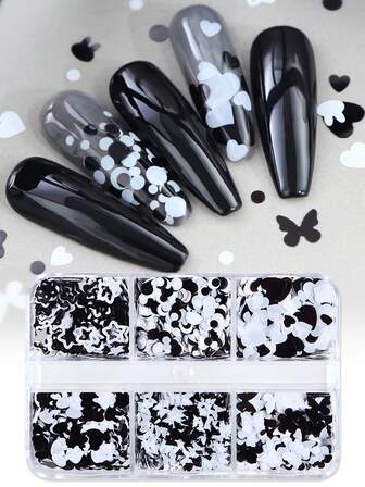 6 Grids Chunky Sequins Glitter Nails Accessories Kawaii Butterfly Hollow Circle Black White DIY Nail Art Supplies And Decoration
