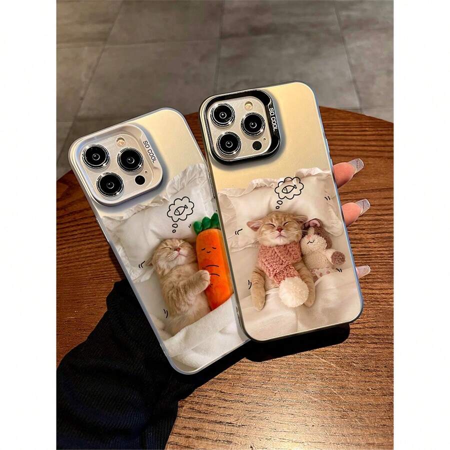 Cute napping kitty 17 Pro Max case-kawaii sleeping-cat print with a soft rainbow-silver shimmer. Velvety silicone, full-wrap shock-proof cover for 17/16/15/14/13/12/11/XS/XS Max/8 Plus/mini-new drop, premium feel for cat-loving him & her. - Albaricoque - Ver 1