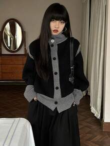 Retro Casual Design Niche Contrast Color Knit Cardigan, Women, Autumn/Winter Black - Black - View 6