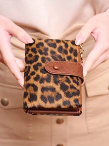 MIYIN Cartera vintage con cierre de botón, estilo casual de negocios con múltiples ranuras para tarjetas, monedero portátil de diseño plegable triple, cartera con cremallera de estilo retro, cartera de mujer con cierre de botón elegante para salidas diarias y compras, cartera, monedero pequeño, cartera con estampado de leopardo - Marrón - Ver 6