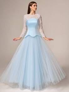 VIPGIRL Elegant Luxury Women's Formal Dress, Round Neck Lace Sleeves, Contrast Color Flared Mesh Dress, Valentine's Day Party - Baby Blue - View 8