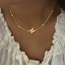 1pc New Fashion Initial Pendant Golden Stainless Steel Bead Chain Necklaces For Women - Yellow Gold - View 1